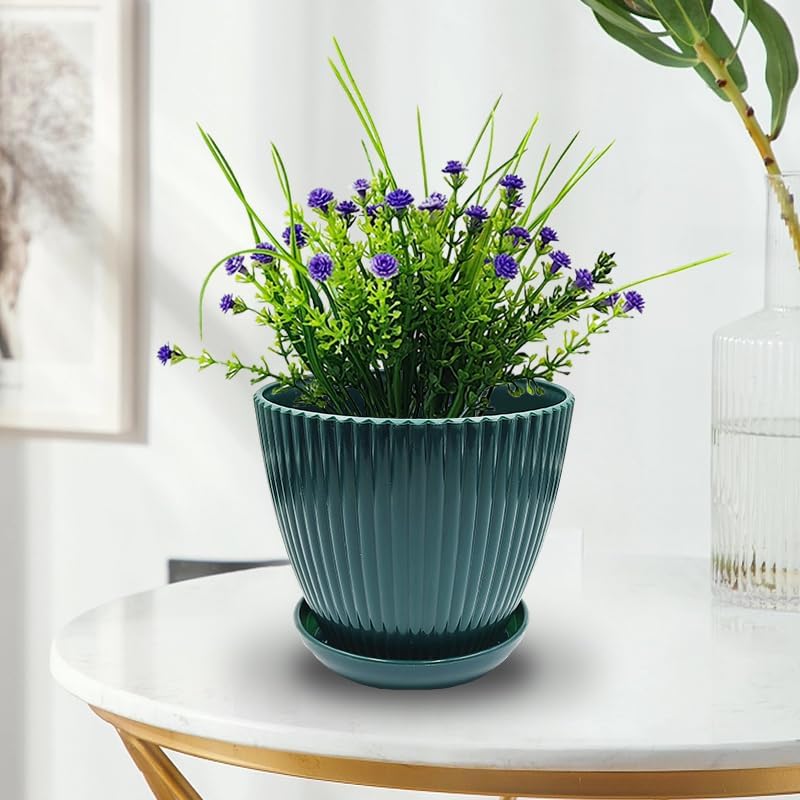 7.5/6.5/5.5/4.9/4.2/3.5 Inch Plant Pots with Saucers & Drain Holes - Indoor/Outdoor Flower Pots for Succulents, Herbs, Cactus - Modern Lightweight Durable Planter Set, Dark Green