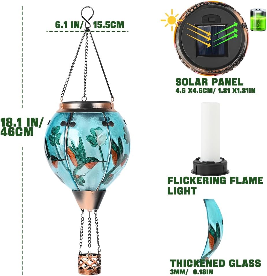 Hot Air Balloon Solar Lantern - Hummingbird Glass Lantern, Simulated Flickering & Dancing Flame, Outdoor Hanging Shamrock Yard Light Waterproof IP65 for Patio Lawn Porch Decor Irish Gift