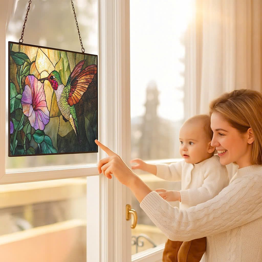 Customized Rectangle Art Nouveau Hummingbird and Glory Stained Glass Window Hanging, Stained Glass Suncatcher for Women, Window Decor Perfect Home Décor