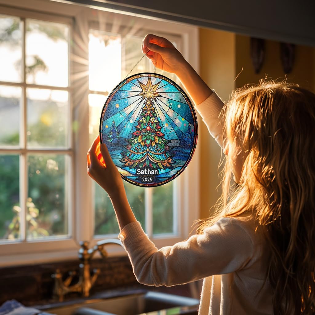 Personalized Stained Glass Christmas Tree Suncatcher, Christmas Handcraft Holiday Ornament with Name and Number, Gift for Family or Friend, Gift for Décor