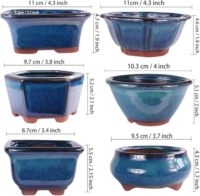 MUZHI 6PACK Glazed Bonsai Pot Planter 3" 4” Small Succulent Pots, Yixing Zisha Decorative Mame Bonsai Training Pot or Small Flower Cactus Starter Growing Planters Containers Blue