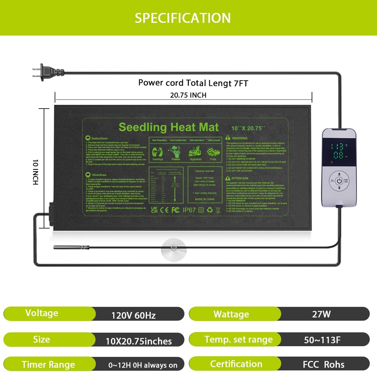 Seedling Heat Mat 10X20.75`` with Thermostat Temperature Controller Auto Off Timer Durable Waterproof Plant Heating Pad Warm Hydroponic Heating Mat for Seed Starting Germination Plant Propagation (1)