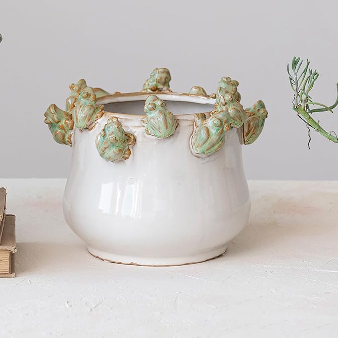 Creative Co-Op Stoneware Planter with Frog Figurine Rim, Multicolor