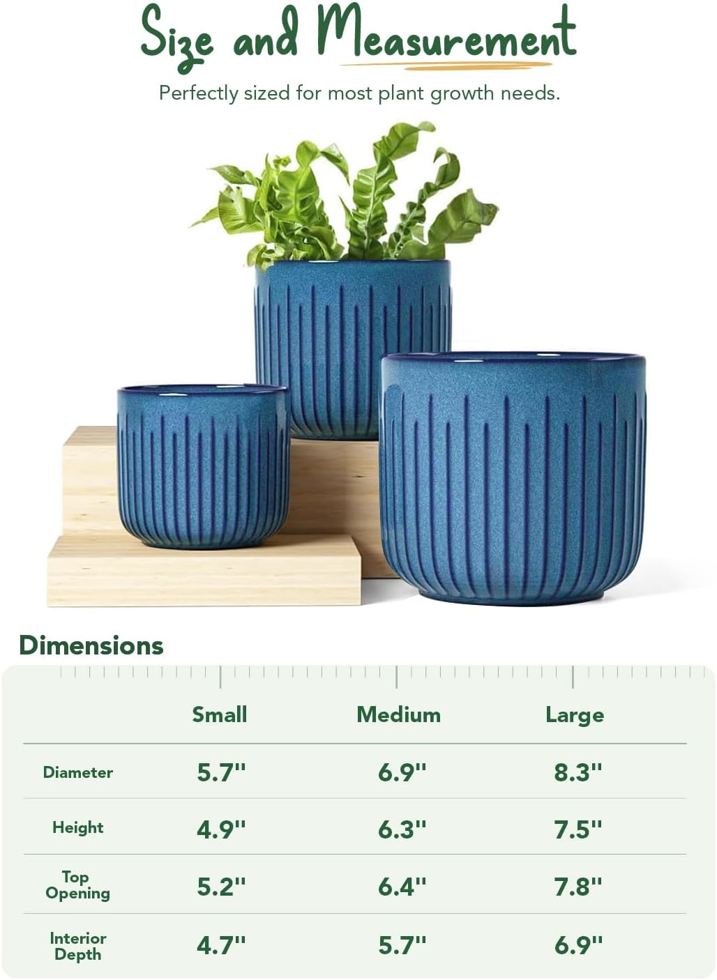 LE TAUCI Fluted Ceramic Planters Set of 3 – 8.3/7 / 5.7 in Ocean Blue Reactive Cylinder Indoor Plant Pots with Drainage Plug & Mesh, Glossy Stoneware Flower Pots for Succulents Herbs