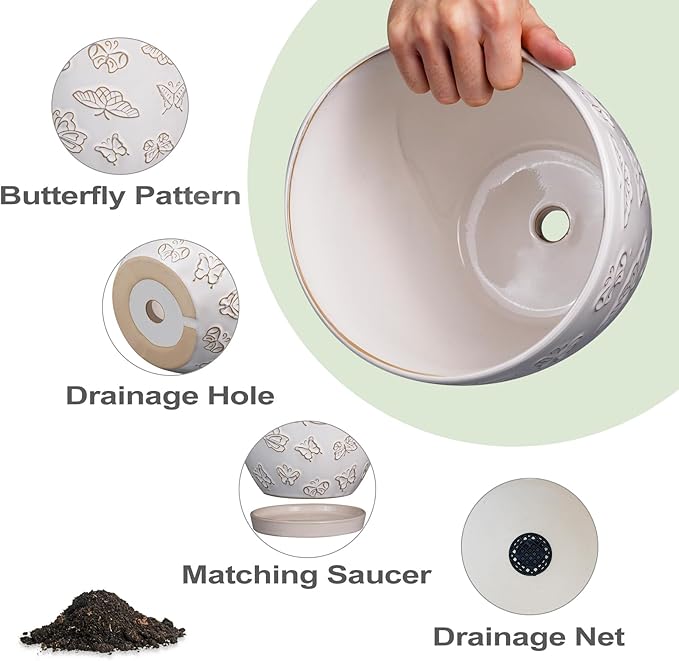 Ceramic Planter Pot 10 Inch- Large Plant Pot with Drainage Hole and Saucer Modern Round Flower Pot for Indoor Outdoor Plants White