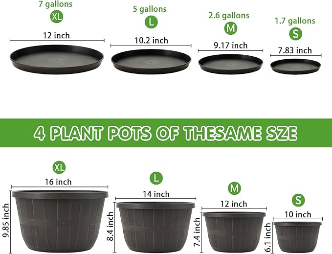 Quarut Plant Planters Pots Set of 4 Pack 16 Inch,Large Plastic Flower Pot for Indoor Plants with Drainage Holes & Trays, Whiskey Barrel Planters with Saucer for House Outdoor Garden Plant(Brown)