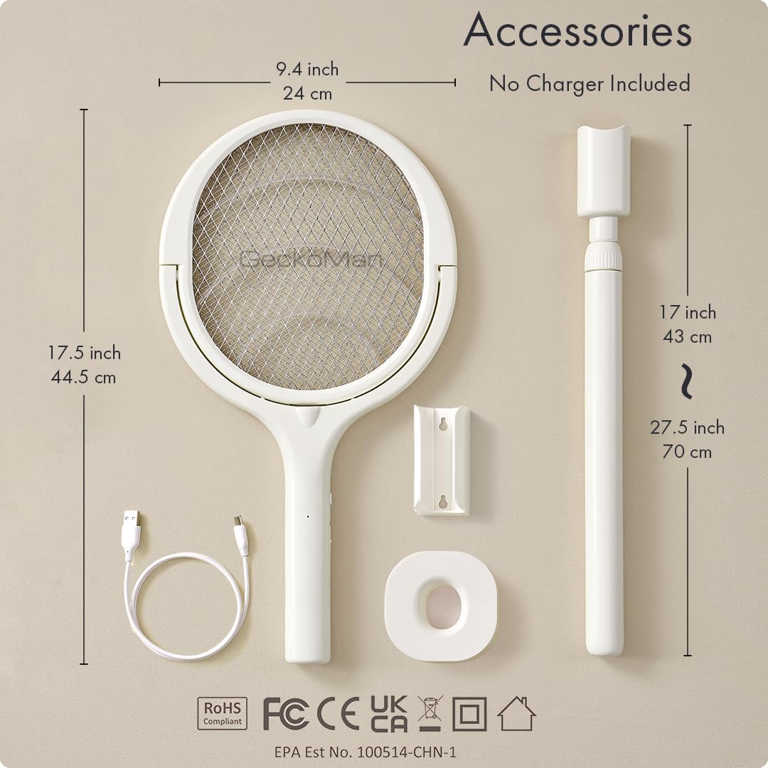 2-Pack GeckoMan Rotating Head Electric Fly Swatter Racket Rechargeable Bug Zapper Racket Bug Zapper Indoor Fly Zapper Mosquito Zapper Flies Killer for Indoors, with 2 Telescopic Extensions