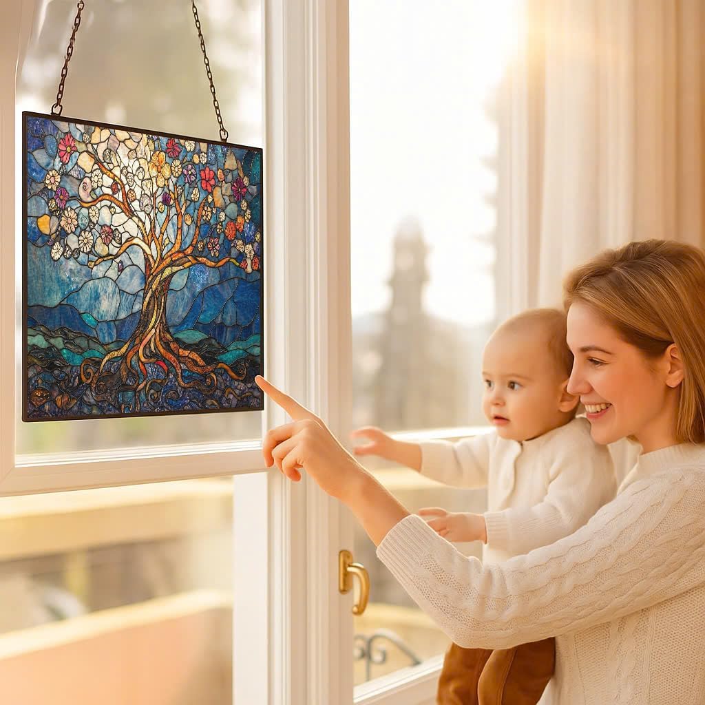 Rectangle Art Nouveau Tree of Life Suncatcher Indoor/Outdoor Stained Glass Window Hanging Handmade Suncatchers Home Decor Garden Christmas Party Wedding Housewarming Gifts