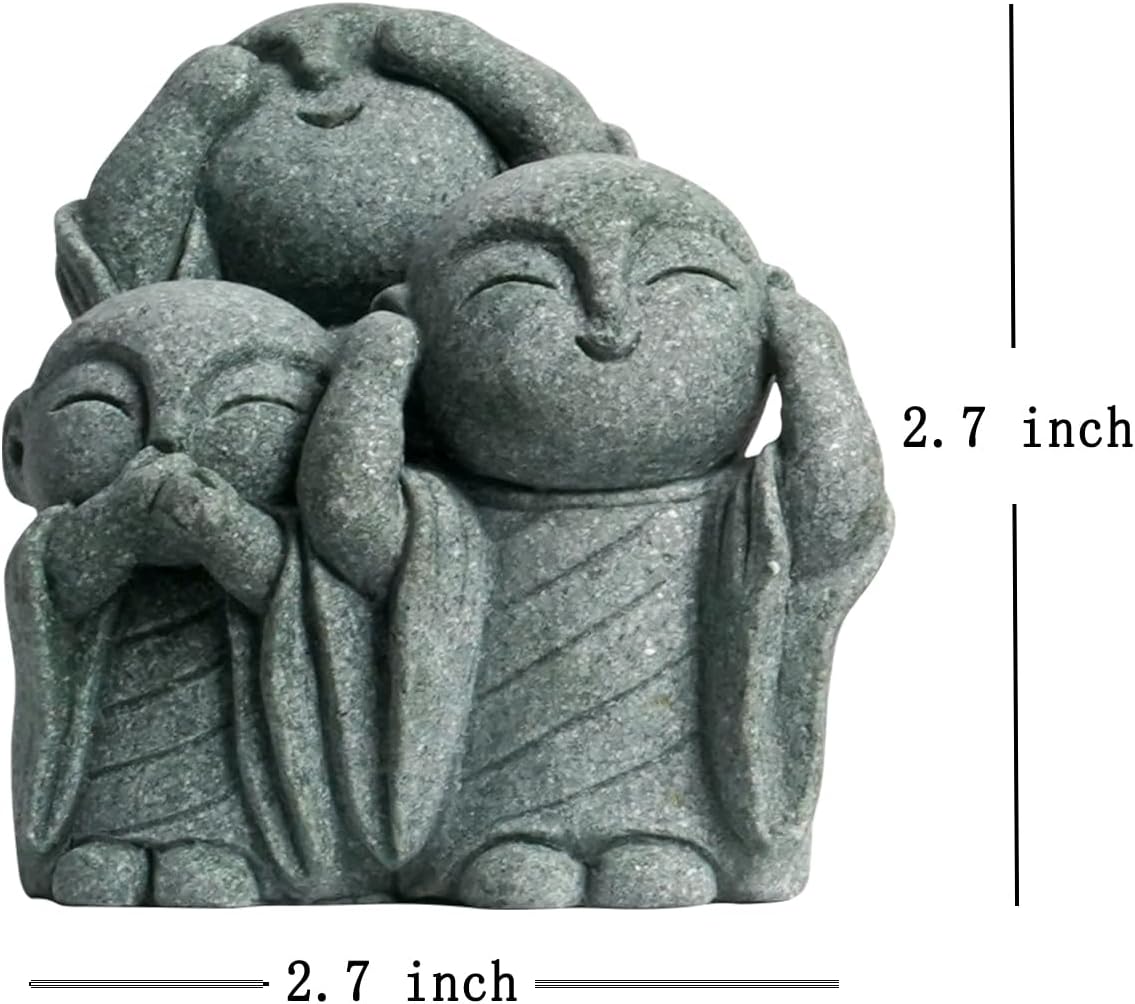 OwMell 3 Japanese Jizo Statue Stone Japanese Buddha Jizo Monk Statue Figurine Memorial Statue Aquarium Decoration Garden Outdoor Ornament 3"" - No Evil, Gray