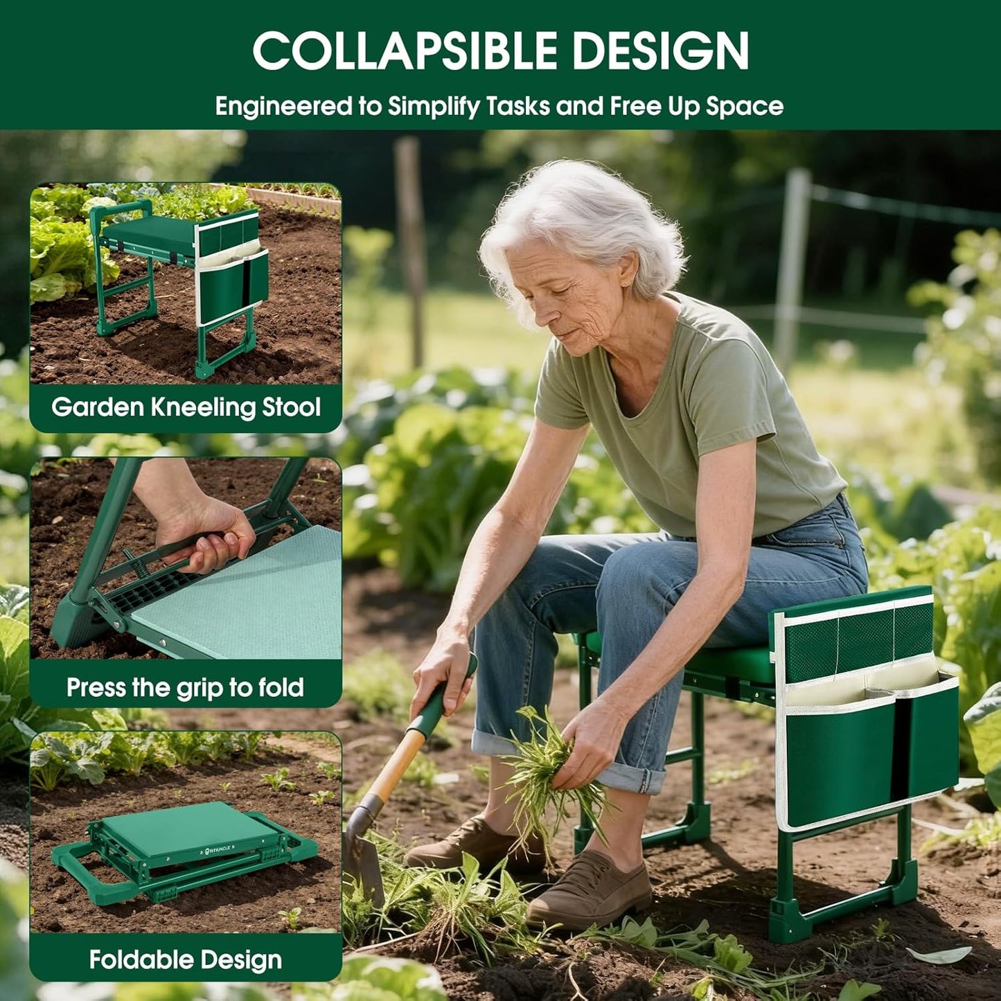 GardenGlow Heavy Duty Garden Kneeler and Seat for Seniors, Foldable Gardening Stool Bench with Thick Soft Kneeling Pad, Anti-Tip Design, Tool Bag & 420LB Support, Green