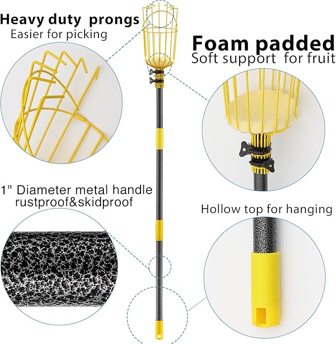 Fruit Picker Pole with Basket Telescopic Pole, 10ft Extendable Fruit Catcher Picking Pole Garden Tools for Picking Fruit from High Apple Cherry Orange Mango Fig Lemon Avocado Fruit Trees
