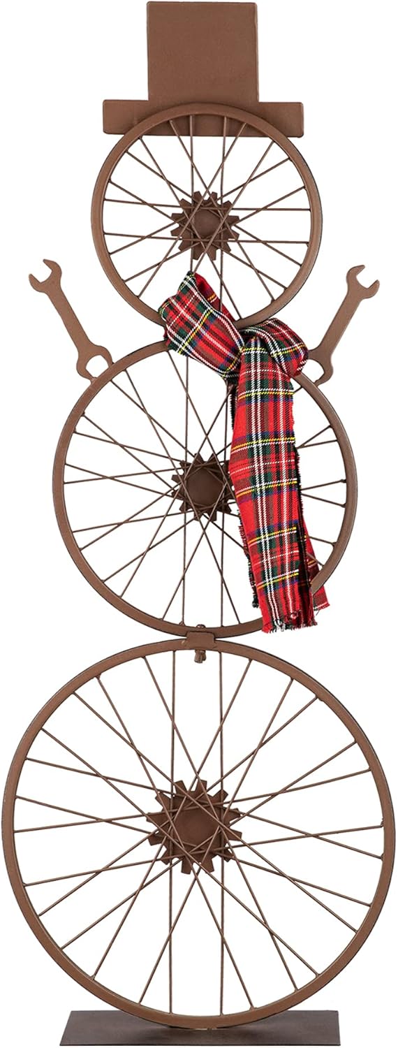 Glitzhome 33.98" H Metal Bike Wheel Snowman with Plaid Scarf Hat Porch Decor Metal Bicycle Garden Yard Decor Christmas Indoor Outdoor Decorations