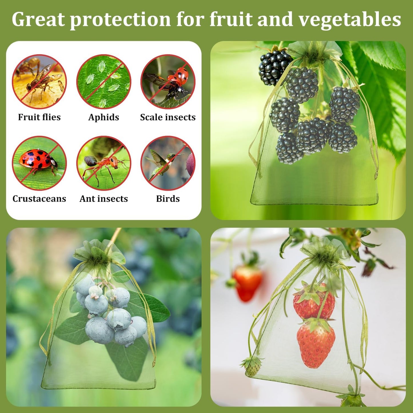 100Pcs Fruit Protection Bags, 4Γ6inch Fruit Netting Bags for Fruit Trees, Green Fruit Netting Cover Drawstring Mesh Bags Pest Barrier for Strawberry Blueberry Small Fruit