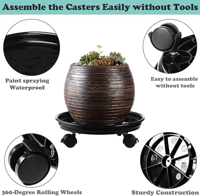 6 Packs Plastic Plant Caddy with Casters 12” Plant Dolly Heavy Duty Rolling Plant Stand with Wheels for Indoor and Outdoor Large Heavy Plant Pot Rollers, Black and Brown