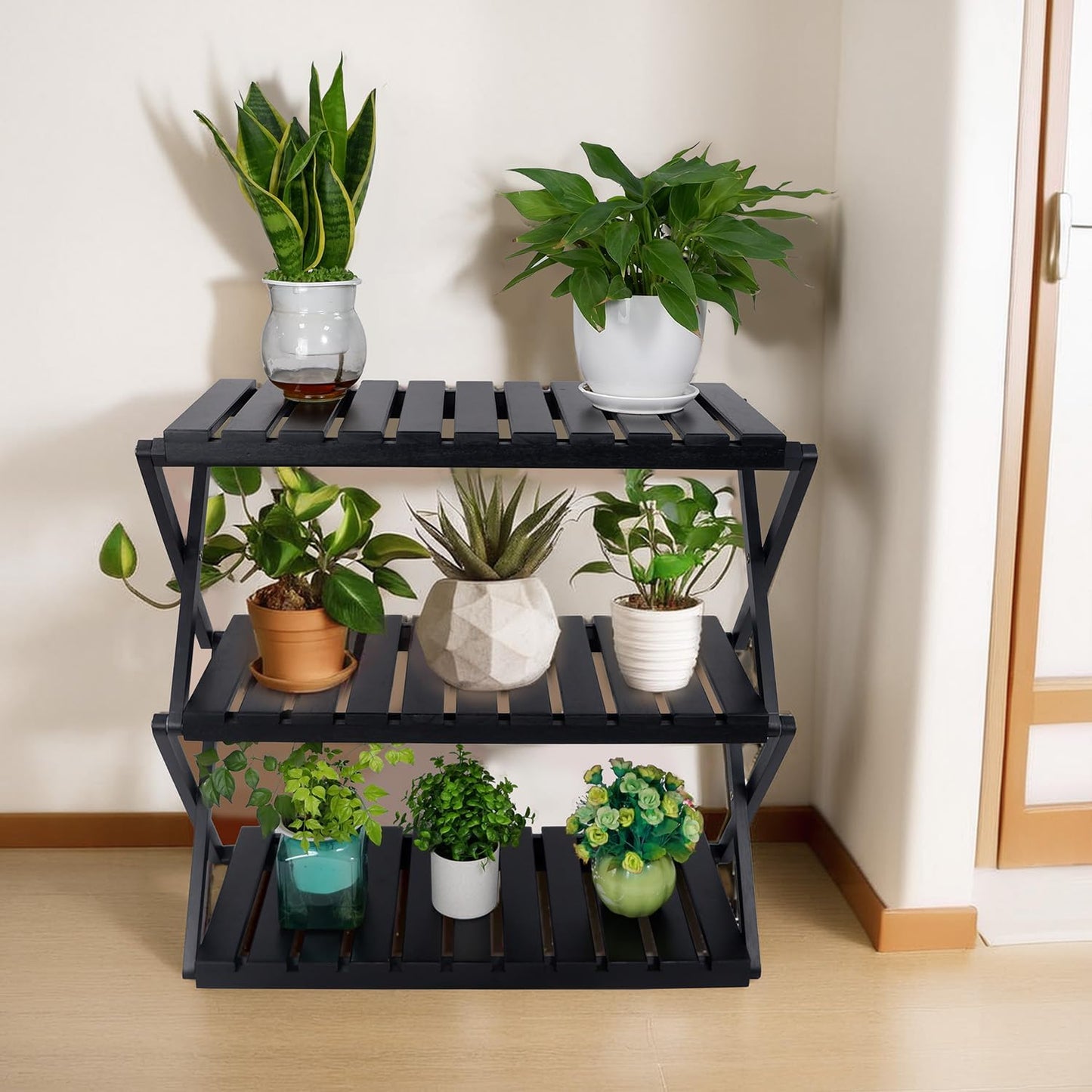 BEEFURNI Acacia Stand Indoor, Wooden Outdoor Plant Stand, Foldable Corner, 3 Tier Plant Stand, Easy Assembly, Plant Bench Patio Balcony Sunroom Decor, Christmas Gift, 1-year Warranty