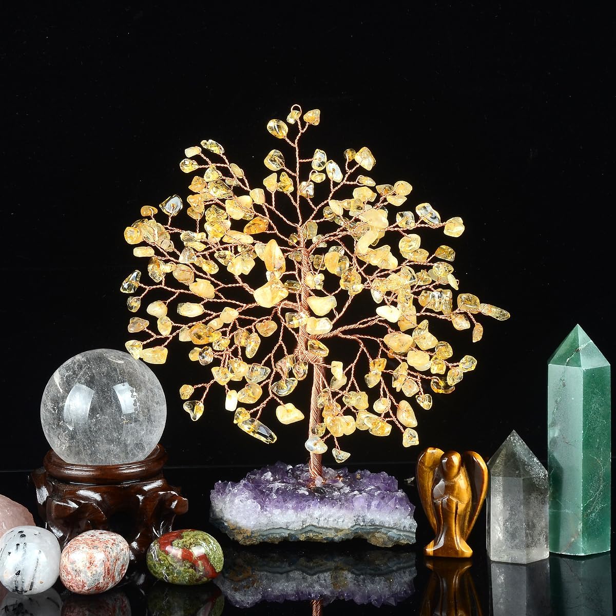 Natural Citrine Crystal Tree Amethyst Geode Base,Chakra Balancing Feng Shui Bonsai Money Tree Positive Energy Home Decor for Luck and Wealth 5.5"-6.3"