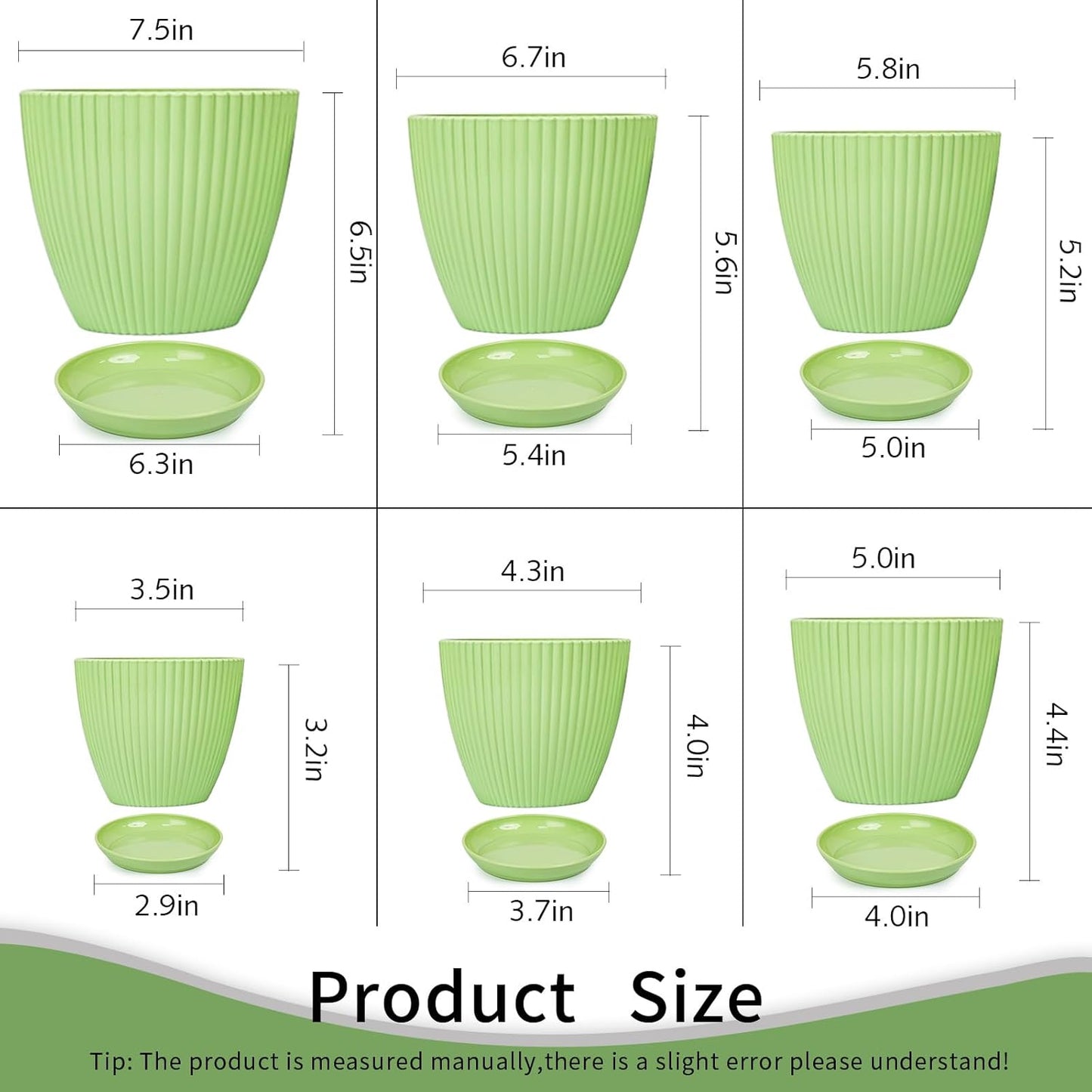 Plant Pots Indoor with Saucers & Drainage - 6 Pack Flower Pots - Plastic Planters for Indoor Planter - 7.5/6.6/5.8/5.0/4.3/3.5 inches Sizes for All Different Types of Plants-Light Green