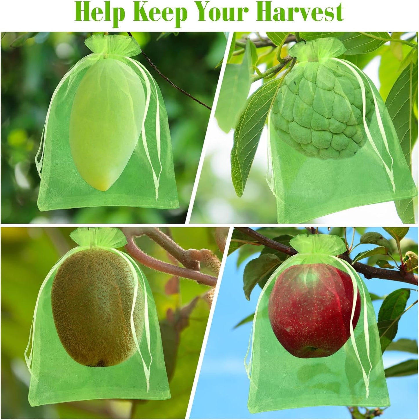 Morcheiong 60Pcs Fruit Protection Bags 8" x 12", Reusable Fruit Netting Bags for Fruit Trees, Garden Netting Mesh Bags with Drawstring (Green)