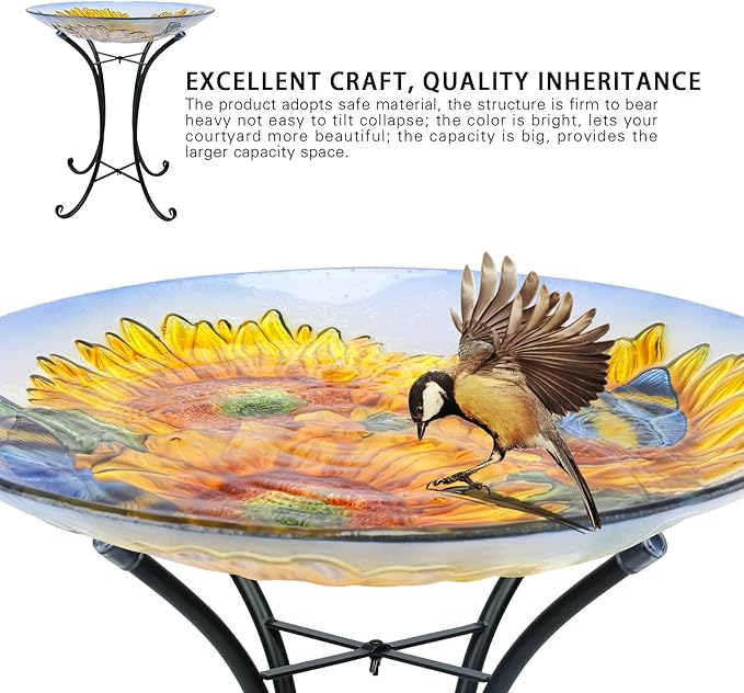 MUMTOP Outdoor Glass Birdbath with Metal Stand for Outside Lawn Yard Garden Sunflower Decor,18??Dia/21.65 Height