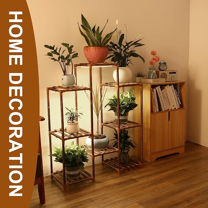 Plant Stand with Grow Light, Plant Shelf Indoor with Full Spectrum Led Grow Light, Timer Function and Brightness Adjustment, 8 Tiered Wood Plant Stand Indoor for Corner | Patio | Living Room
