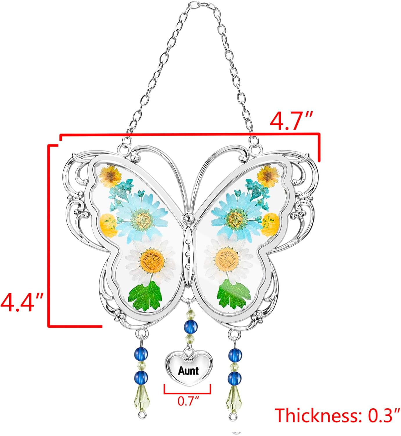 LARAINE Butterfly Suncatcher with Pressed Flower Wings Mom Mother's Day Butterfly Glass Wind Chime Ornament Charm with Metal Heart Gifts for Mom Grandma Aunt Birthday (Aunt, Blue)