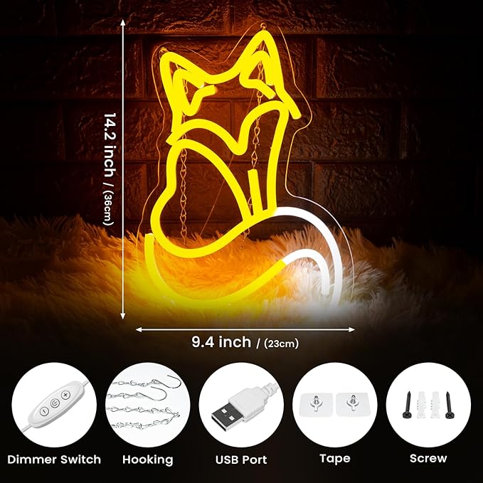 Fox Neon Signs, Fox LED Light for Wall Decor, Dimmable Neon Fox Sign Animal Sign for Fox Lovers Bedroom Living Room Bar Club Art Decor Gifts(14.2 x 9.4 inches) 