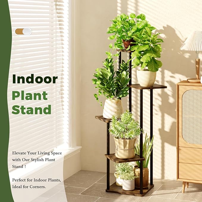 5 Tiered Plant Stand Indoor Corner Plant Shelf for Multiple Plants for Patio Garden Balcony Living Room Bedroom, Tall Metal Flower Pots Stand Relaxing for Women Gift Brown Oak