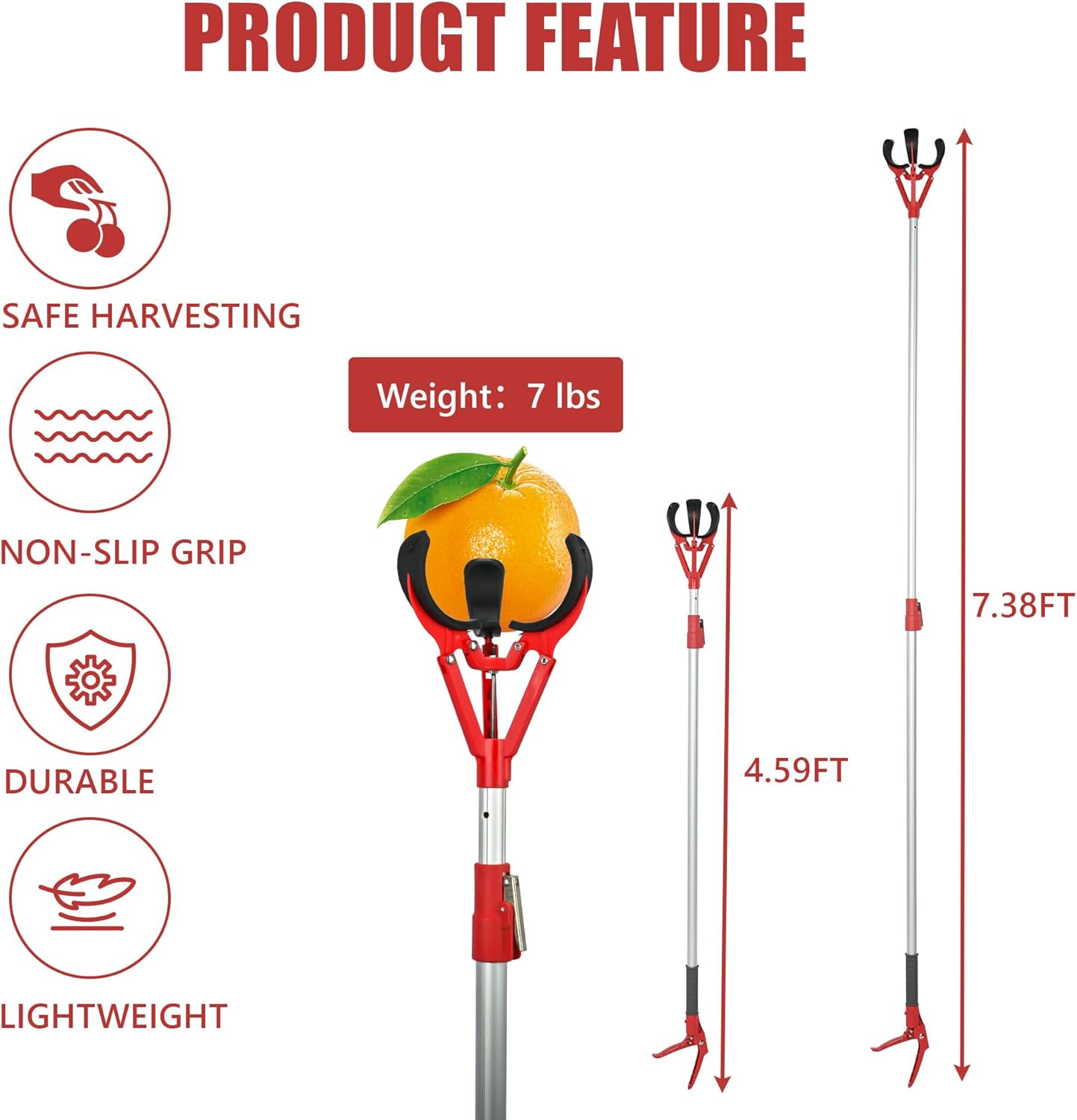 Adjustable Fruit Picker Extension 51"-91" Aluminum Telescoping Pole, Multi-Function Fruit Grabber for Lemons, Oranges, Persimmon, Avocados, Gentle Harvesting, No Bruising