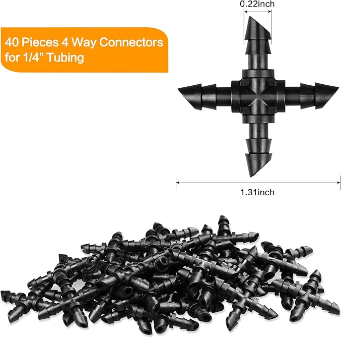 Drip Irrigation Fittings Barbed Cross Tee for 1/4" Irrigation Tubing, 40 Pieces Barbed 4 Way Connectors, Drip Line 4 Way Couplings for Drip Sprinkler Garden Lawn Systems