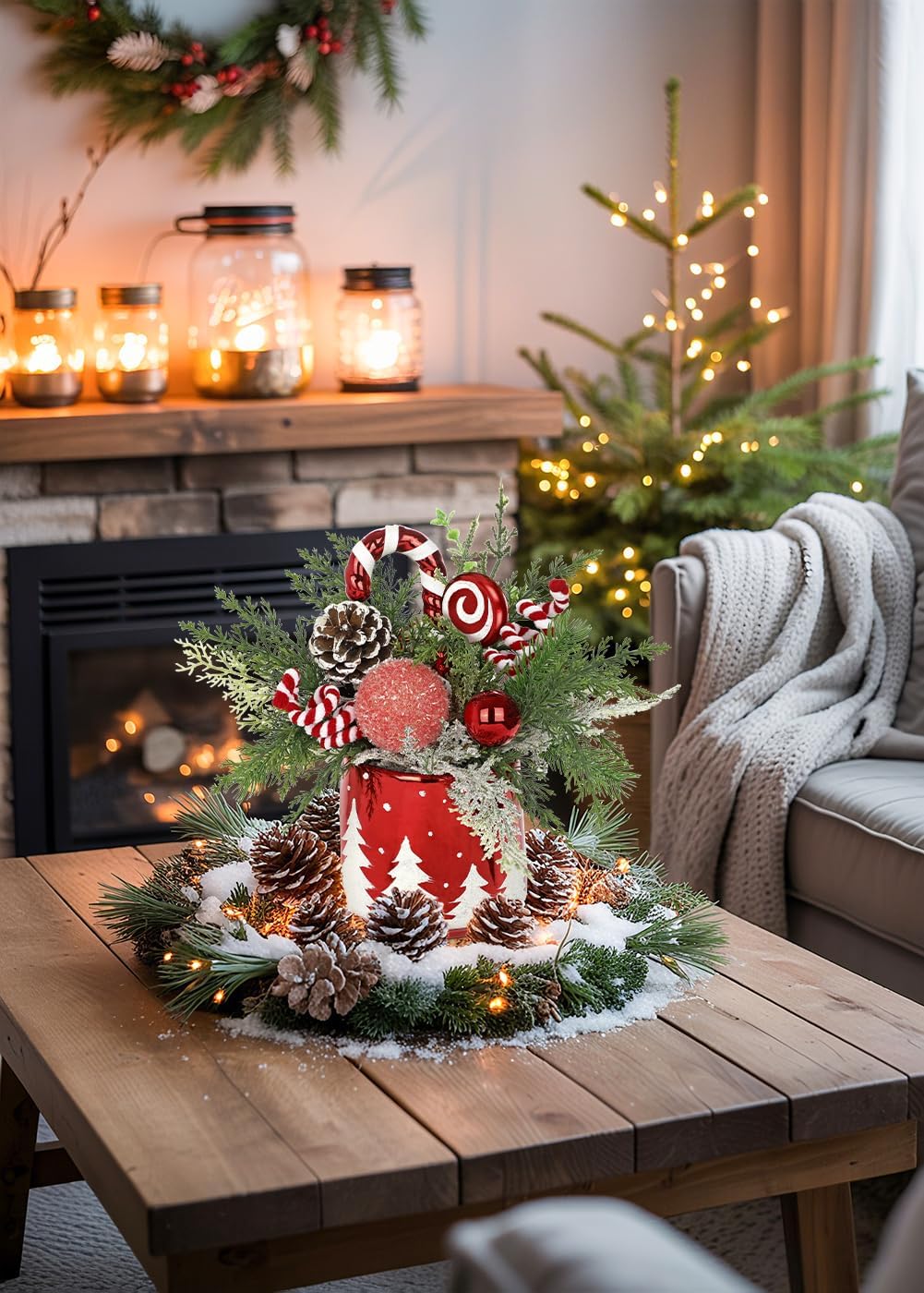 Christmas Centerpieces for Tables, Small Christmas Table Arrangements with Ceramic Vase Red & White Winter Holiday Table Centerpiece with Pine Branches Candy Cane Decor for Tabletop Dinner Tables