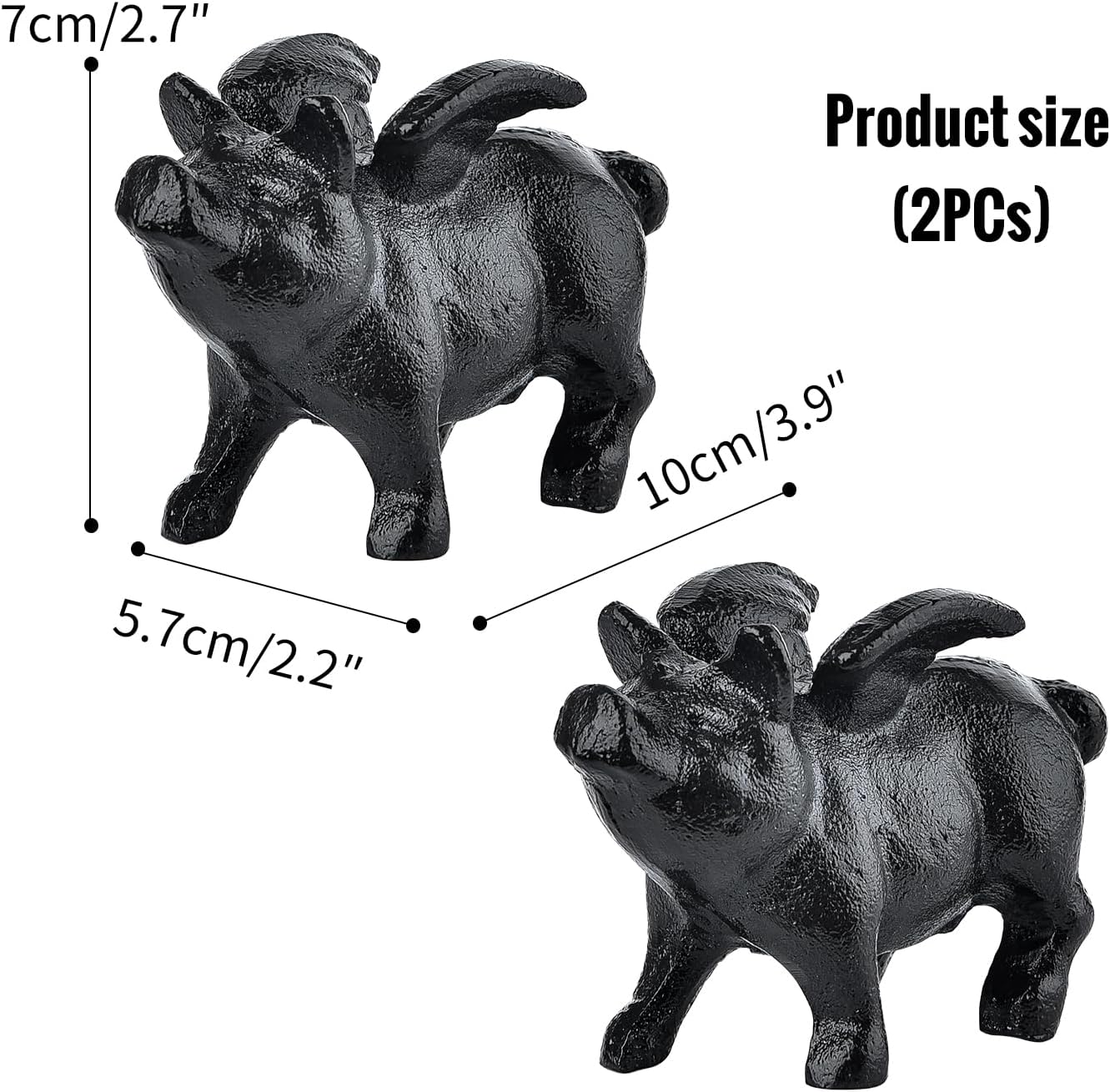 Sungmor Whimsical Cast Iron Flying Pig Statue, 2pcs Rustic Black Cute Little Piggy Paperweight, Garden Collection Figurine Home Office Desk Ornament, Indoor Outdoor Animal Statues