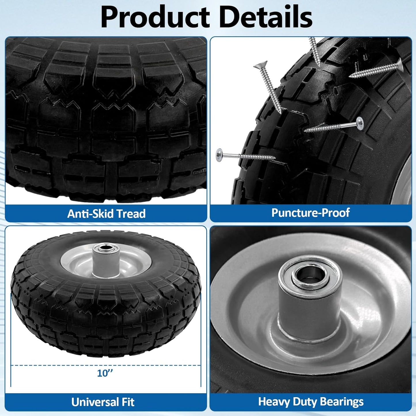 10-Inch 4.10/3.50-4 Tire and Wheel Flat Free, Heavy Duty Solid Replacement Tire with 5/8" Bearings, for Wheelbarrows Hand Trucks Dollies Trolleys Generators, (2-Pack) (Gray)