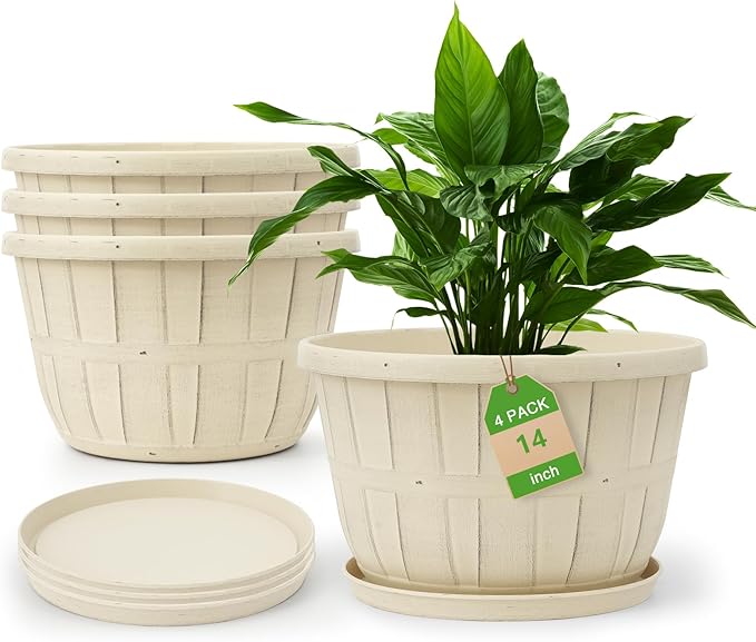 Quarut 14 Inch Plastic-Flower-Pot-for-Indoor-Plants, 4 Pack Large Outdoor Planter Pot with Drainage Holes & Saucers, Resin Decorative Garden Pots Planters(Beige)