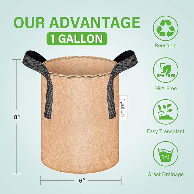 iPower 5-Pack 1 Gallon Plant Grow Bags Thickened Nonwoven Aeration Fabric Pots Heavy Duty Durable Container, Strap Handles for Garden, Tan