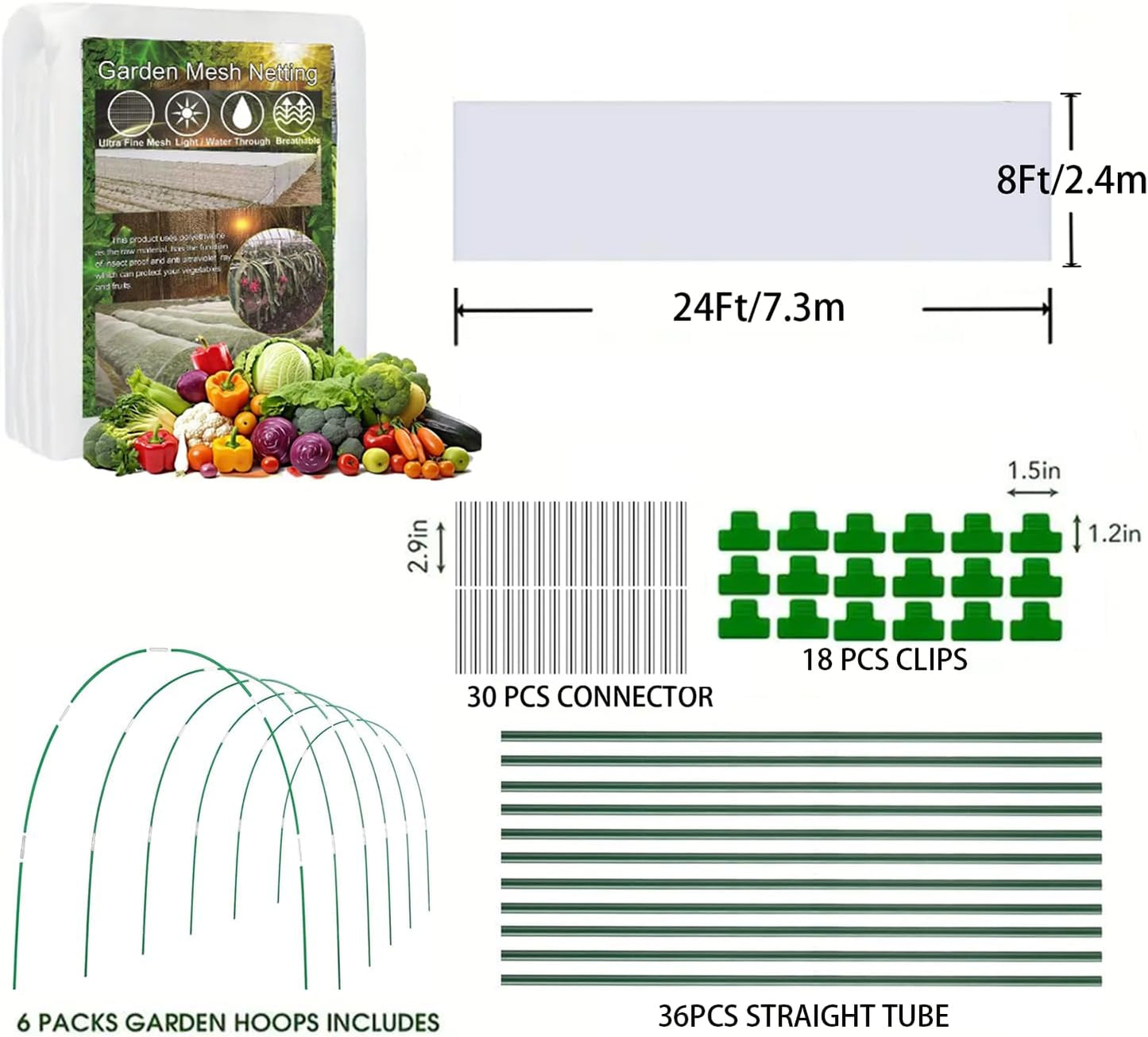 Garden Hoops and Mesh Netting Kit, Ultra Fine,Pest-Proof Cover 36Pcs Garden Tunnel,Plant Covers 8x24 Ft Netting &30 Clips &10Sets of Ground Stakes for Vegetable,Greenhouse Row Cover (Medium)