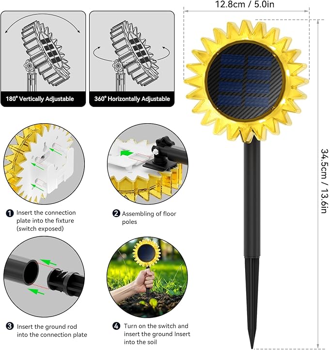 Solar Sunflower Decorative Outdoor Lights, 2 Pack Ground & Wall 2-in-1 Waterproof Decor Light for Backyard, Garden, Pathway, Driveway (Yellow)