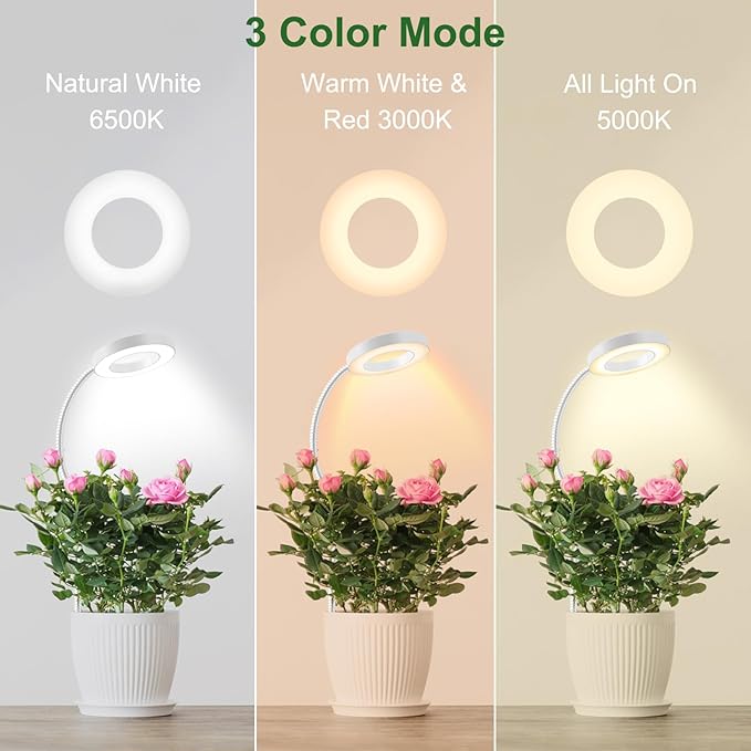 Wolezek 2 in 1 Grow Lights for Indoor Plants, 3 Colors Plant Lights for Indoor Growing with 360ยฐ Gooseneck, 48 LEDs Full Spectrum Plant Grow Lights Indoor, 6/12/16H Timer, 5 Brightness, White 1 Pack