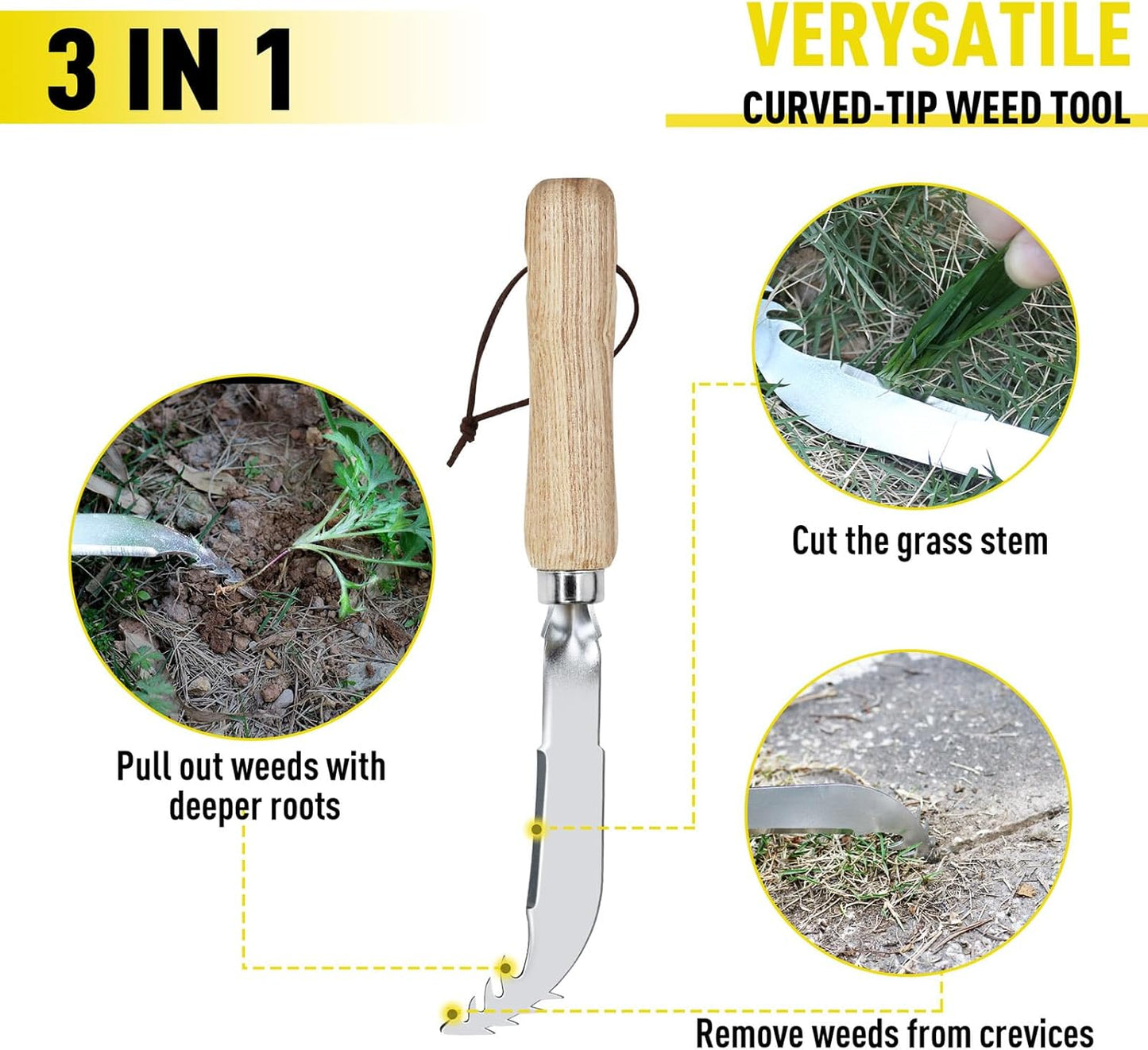 Jardineer Weed Puller Tools Set, 3 Pack Hand Crack Weeder, Stainless Heat Treated Steel Weed Root Remover with Ergonomic Handle, Multi-Purpose Weeding Tools for Lawn Garden Patio & Yard