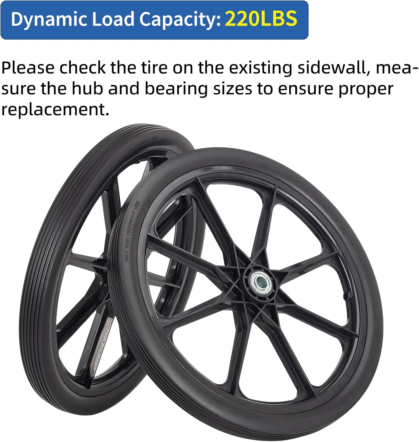20" Flat Free Tire and Wheel, with 3/4" & 5/8" Bearing, 2.45" Centered Hub, Replacement Wheel For Rubbermaid Wheelbarrow, Garden Yard Cart, 2 Pcs