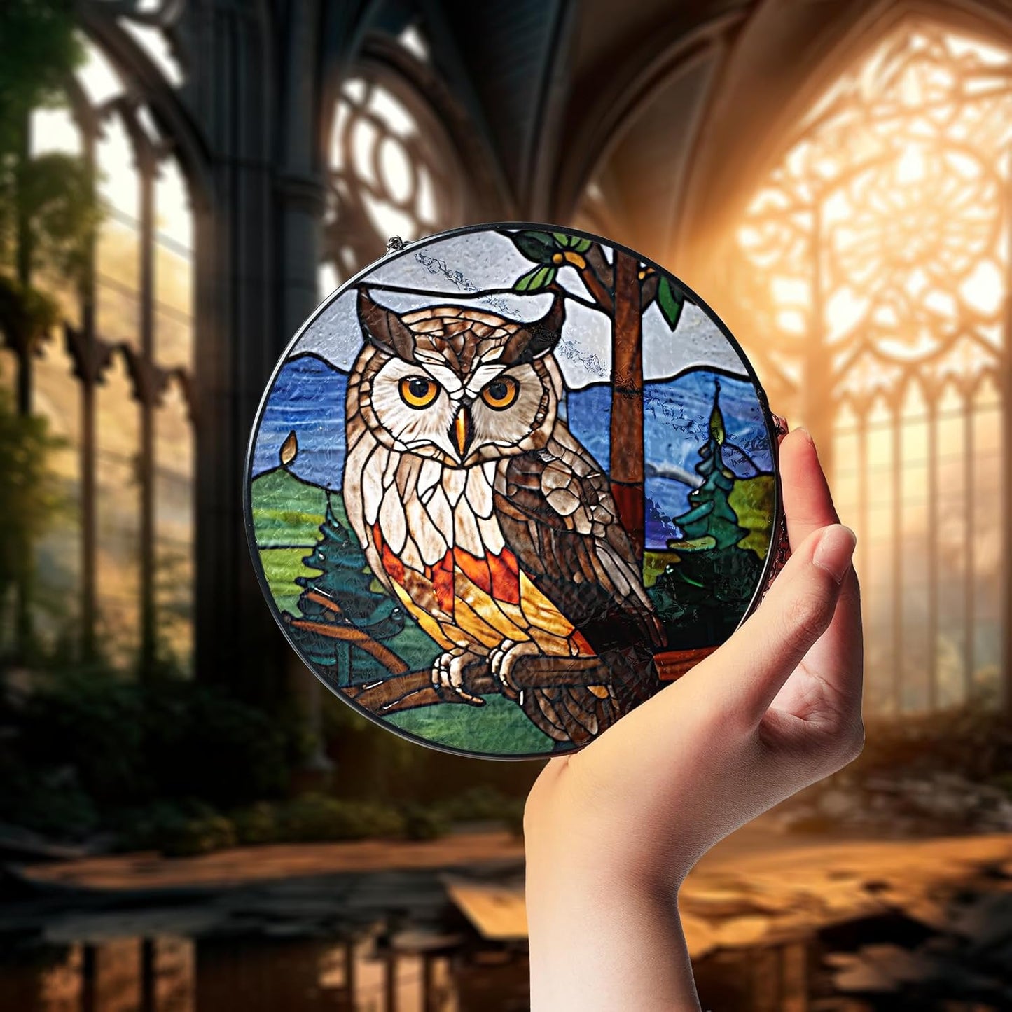 Owl Stained Glass Suncatchers Art Glass Owls for Sun Catcher Indoor Window Gifts for Pet Animal Nature Floral Lovers Women Grandma Mom Friend Painted Panel Décor