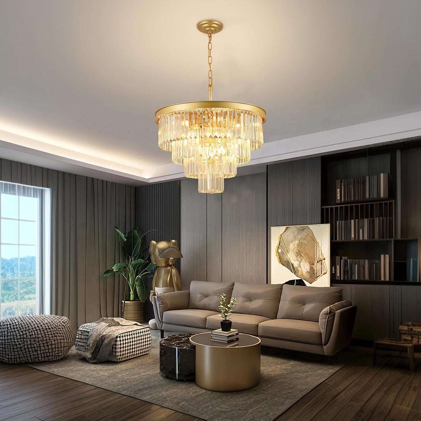 Crystal Chandeliers for Dining Room Lights Fixture Over Table, 15 Lights Gold Modern Chandeliers for Living Room, 4-Tier Round Crystal Lighting Fixtures for Bedroom Entryway Kitchen Island D24 Inch