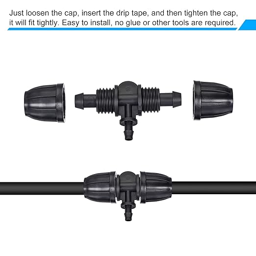 MECCANIXITY Drip Irrigation Barbed Tee 3-Way Fitting 8mm to 4mm ID Tubing for Garden Drip Tape Tubing Sprinkler System Black Pack of 20