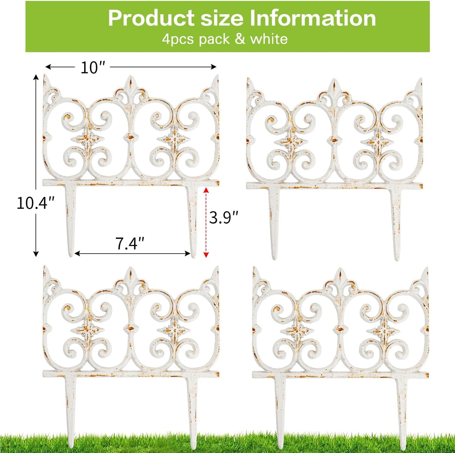 Sungmor Decorative Cast Iron Garden Edging, 4 Pack Rustic White Victorian Garden Edging Landscape Border, Vintage Metal Yard Stake Low Picket Fence, 10.6" Tall Outdoor Flower Bed Lawn Fence Panels