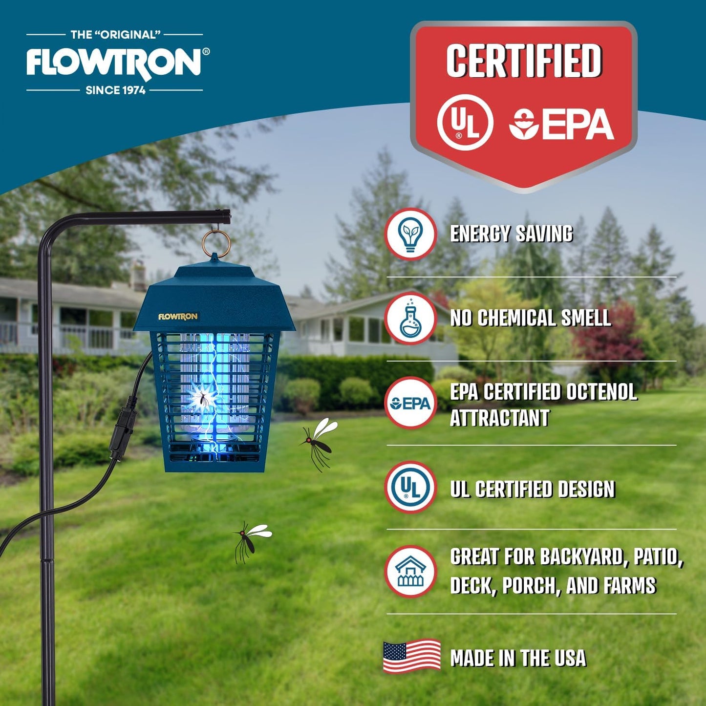 Flowtron Electric Bug Zapper 1/2 Acre Outdoor Insect Control with Dual Lure Method, 15W UV Light & Octenol Attractant for Fly & Mosquito, 5600V Kill Grid, Made in USA, UL Certified - Blue Color