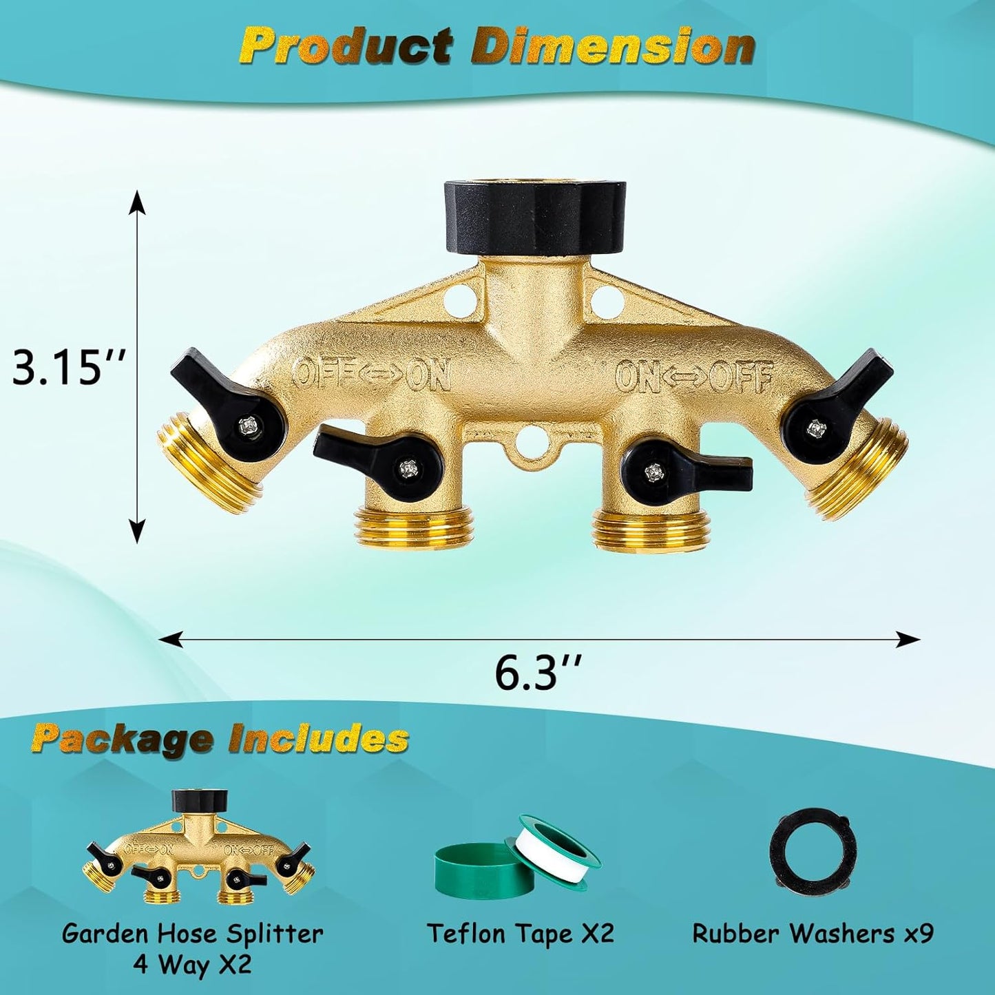 Dalmbox Garden Hose Splitter 4 Way, Water Hose Splitter, 3/4" Heavy-Duty Brass Garden Hose Splitter, Includes 9 Rubber Washers & Teflon Tape(2 pack)