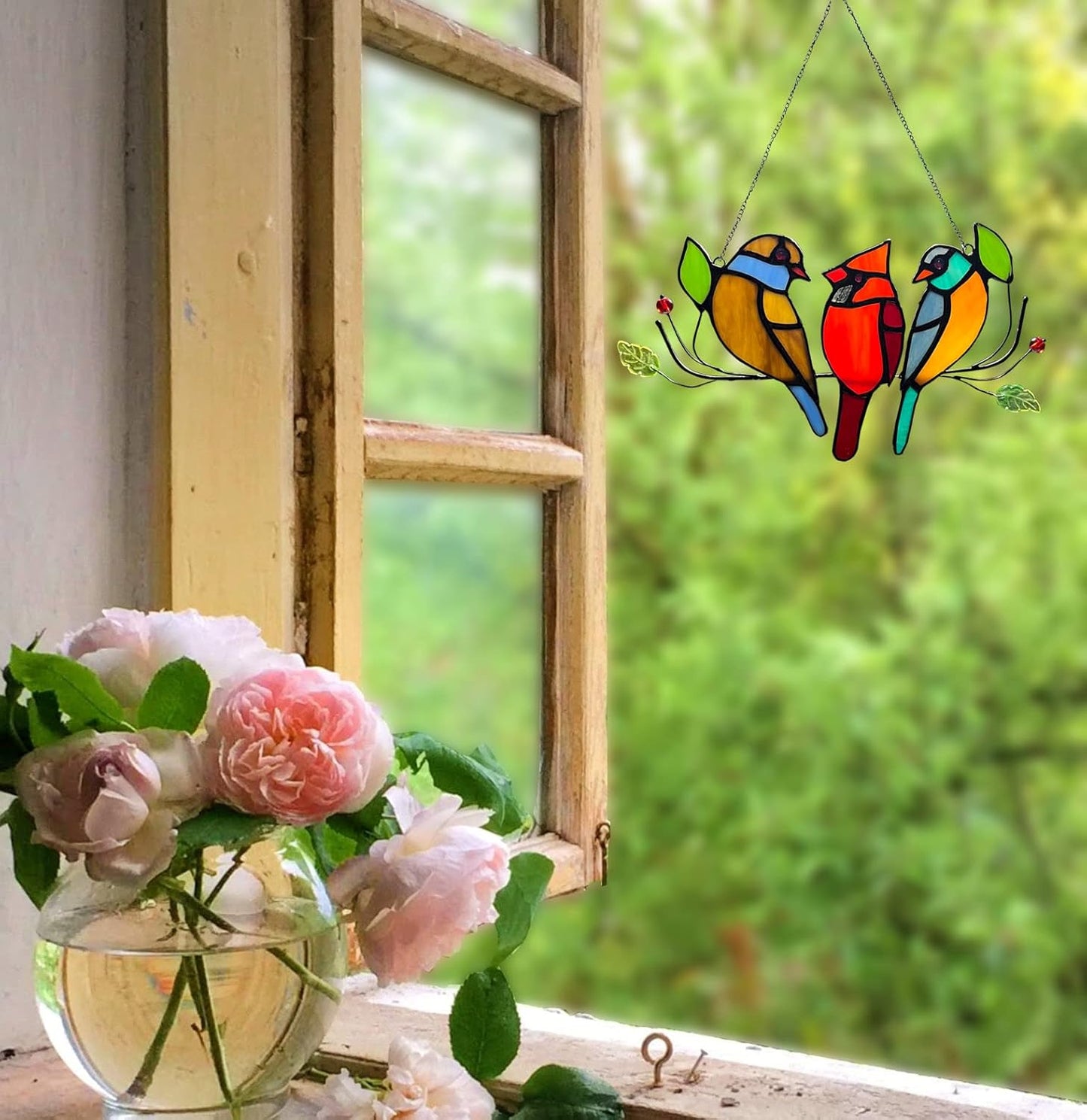 Cardinal Gifts Stained Glass Window Hangings, Suncatcher for Window Multicolor Bird On A Wire Panel Decor Series Ornament Home Wall Garden Decoration Bird Love Gifts