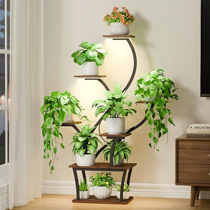 Plant Stand Indoor with Grow Lights - 7 Tiered Corner Shelf, 47" Tall Flower Stands for Indoor Plants, Display Holder for Home, Living Room, Patio Decor, Black