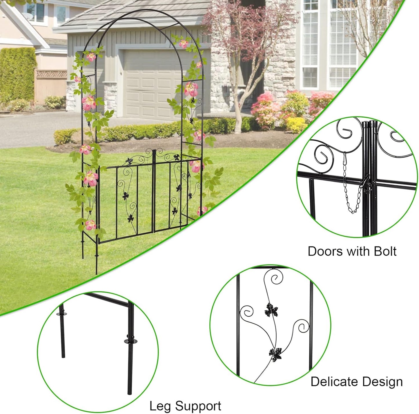 Outdoor Garden Arbors with Gate Door 7’ H x 3’7’’ W Metal Garden Arch Plants Growing for Wedding Party