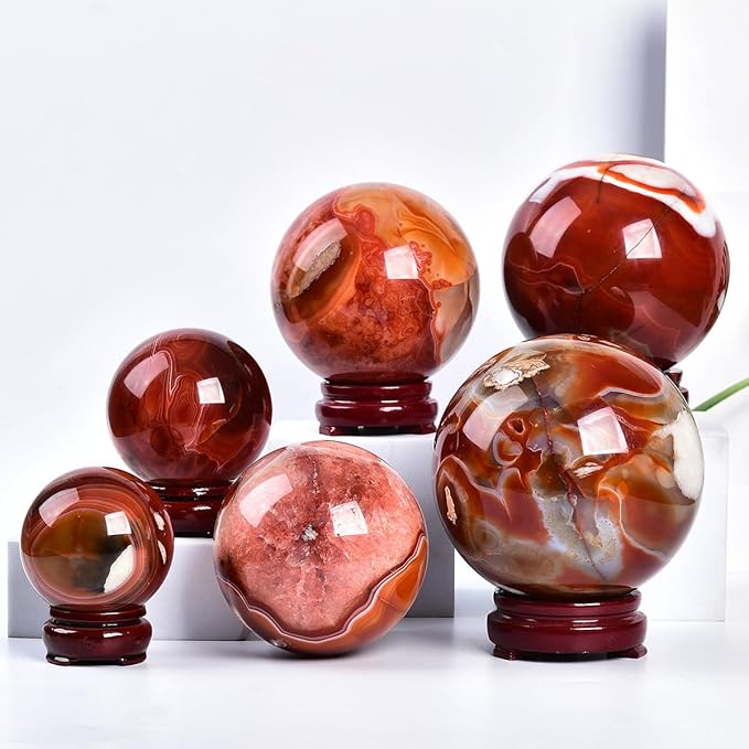 JIC Gem 3.1-3.5 inch(80-90mm) Large Red Agate Large Crystal Ball Round Healing Crystals Decorative Sphere with Wooden Stand Meditation Witchcraft Home Decor