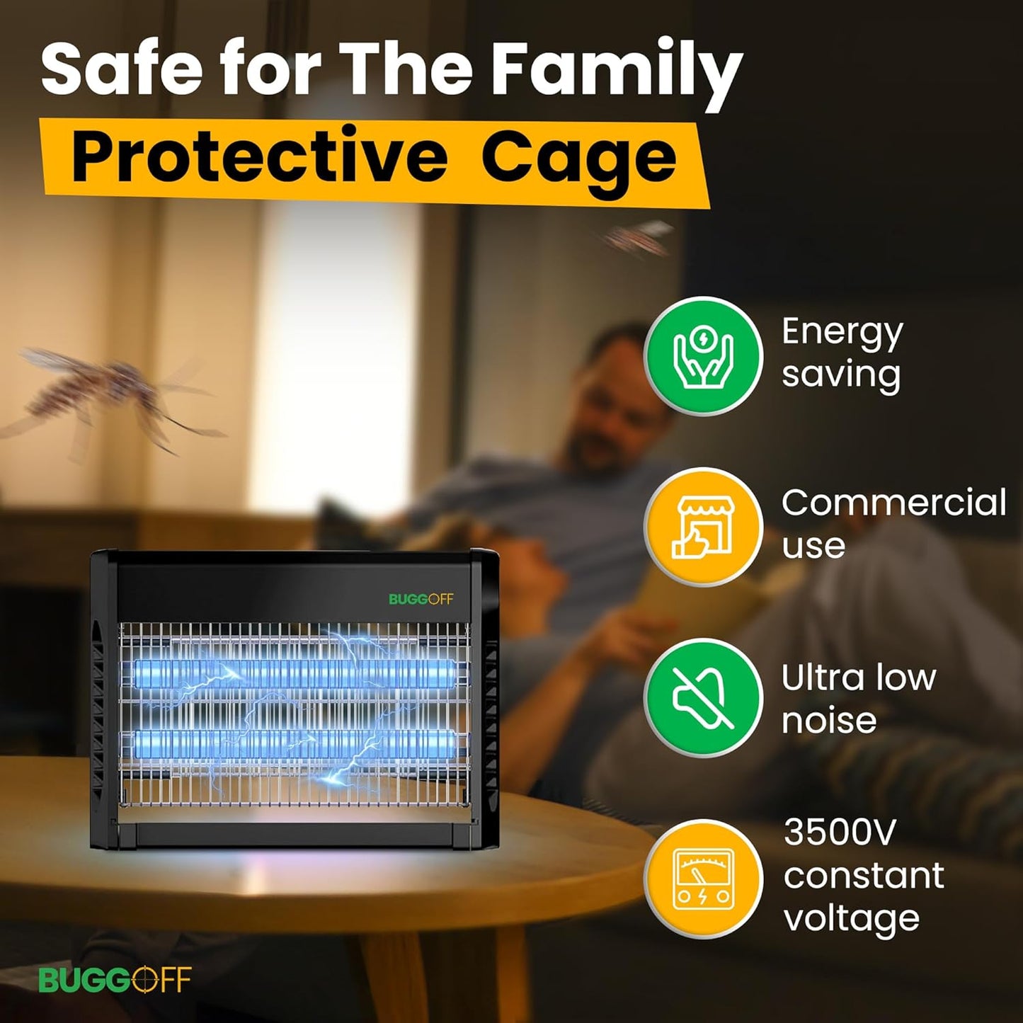 BUGGOFF Black Modern Indoor Electric Bug Zapper, 800 SQFT Coverage, 3500 Volts of Stunning Power, 20 Watts, Kills Mosquitos Gnats, Flys & More. 5 Year Warranty, X2 Free Replacment Bulb (4 Pack)